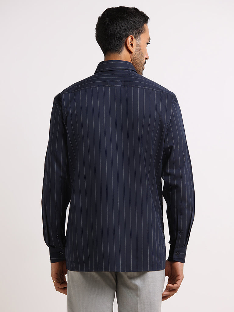 WES Formals Navy Cotton Relaxed Fit Shirt