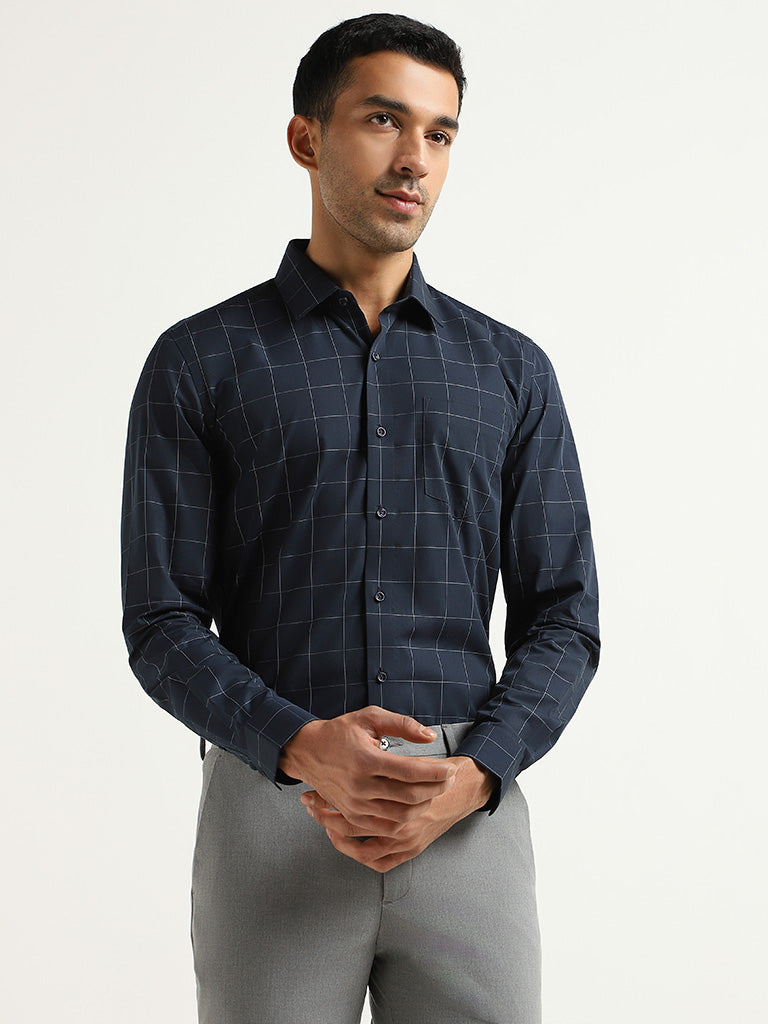 WES Formals Blue Checkered Cotton Slim Fit Shirt