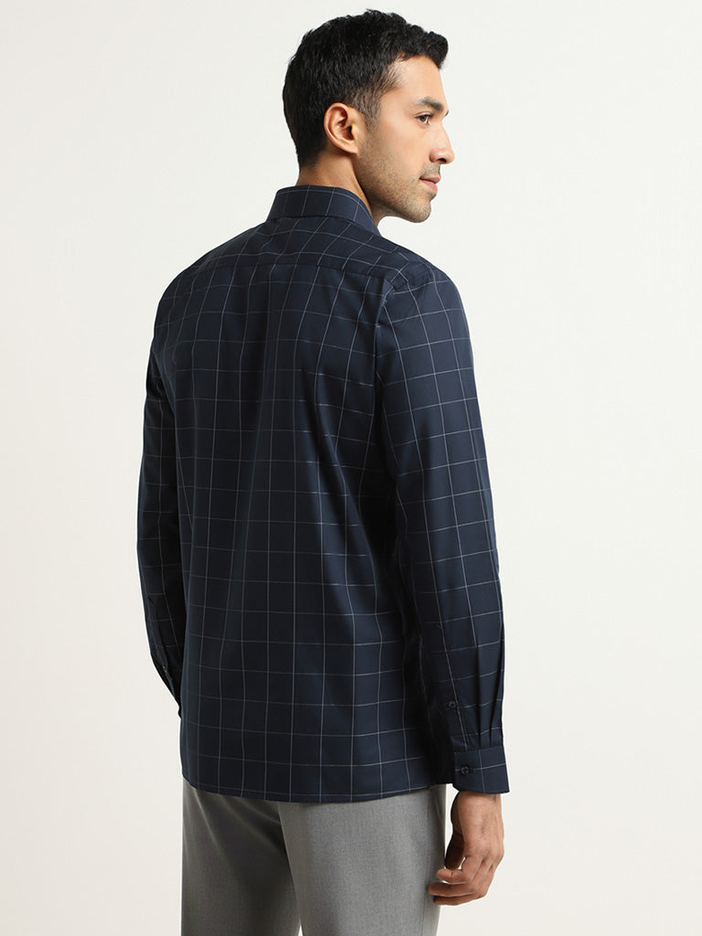 WES Formals Blue Checkered Cotton Slim Fit Shirt