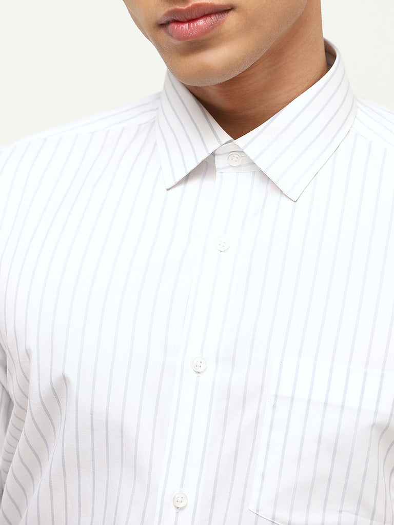 WES Formals White Slim Fit Striped Cotton Shirt