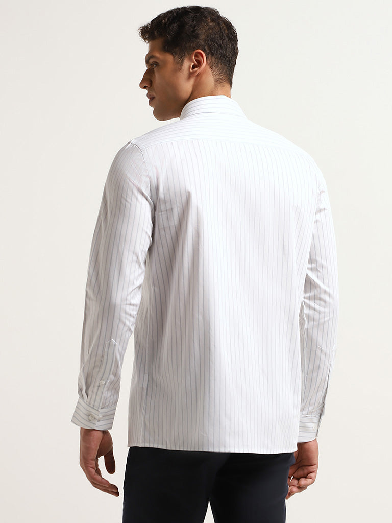 WES Formals White Slim Fit Striped Cotton Shirt