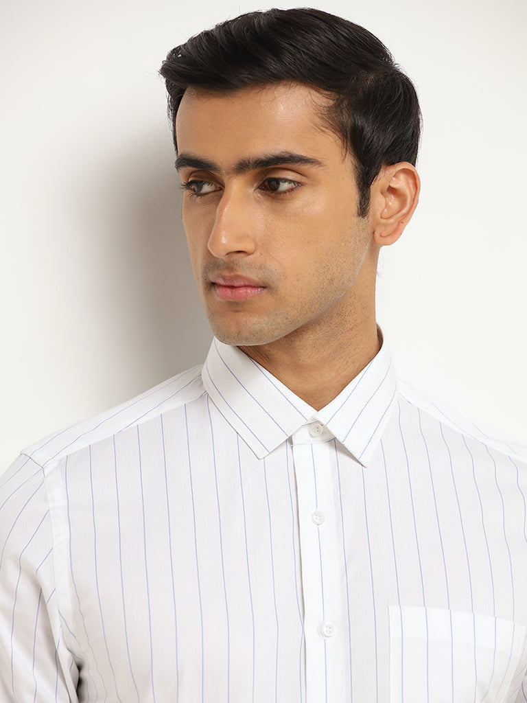 WES Formals White Striped Cotton Slim Fit Shirt