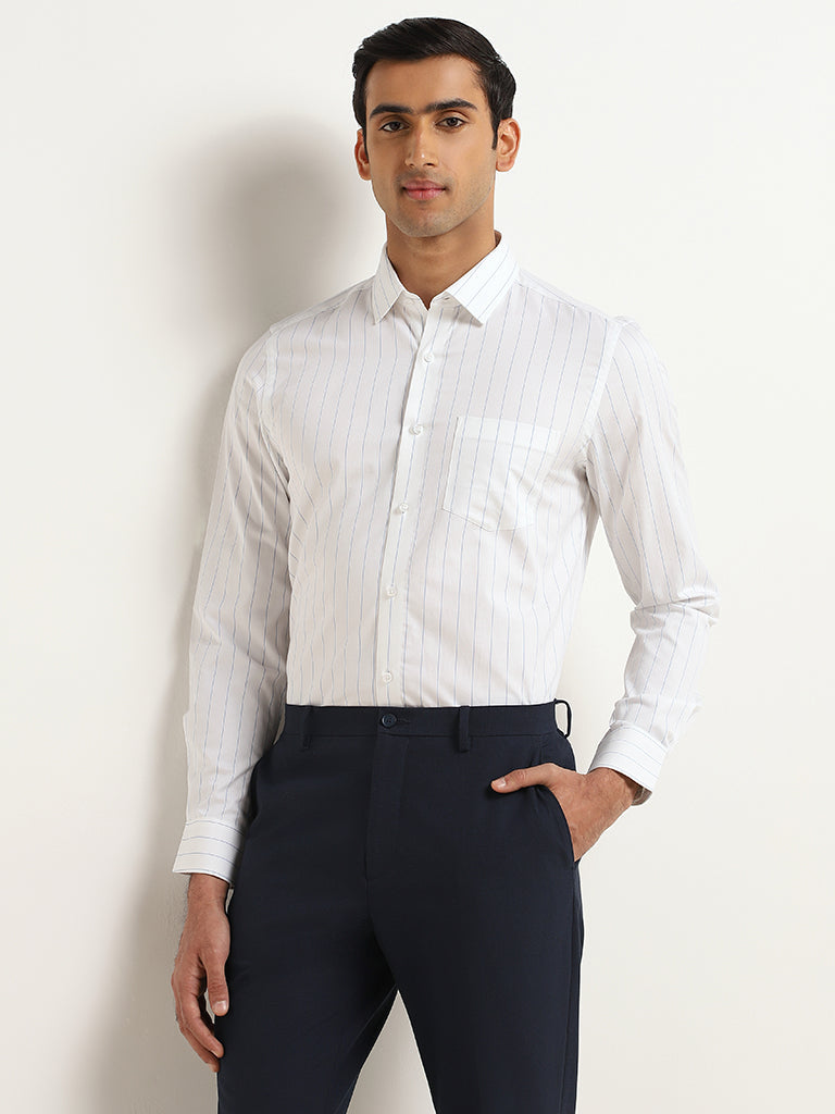 WES Formals White Striped Cotton Slim Fit Shirt