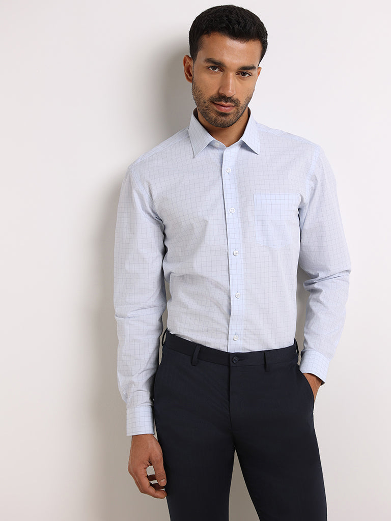 WES Formals Light Blue Cotton Blend Relaxed Fit Shirt