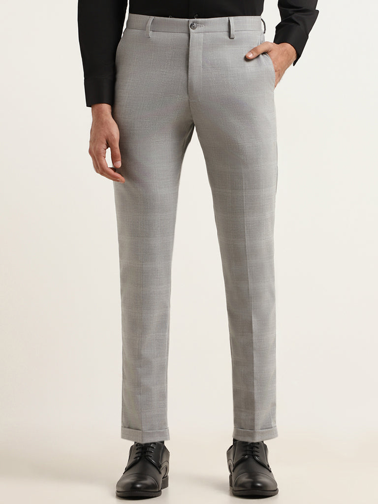 WES Formals Grey Mid-Rise Straight Fit Trousers