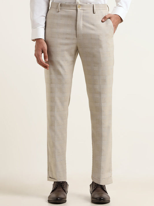 WES Formals Beige Mid-Rise Straight Fit Trousers