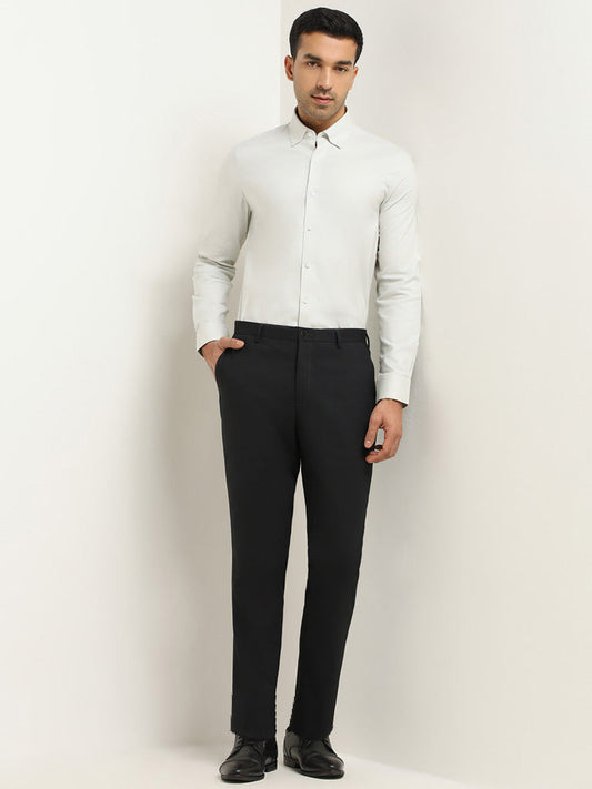 WES Formals Black Checkered Slim Fit Mid Rise Trousers