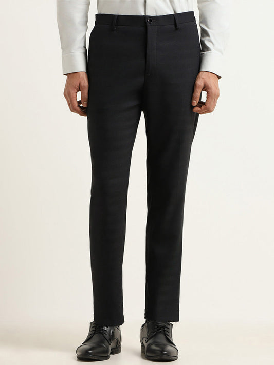 WES Formals Black Checkered Slim Fit Mid Rise Trousers