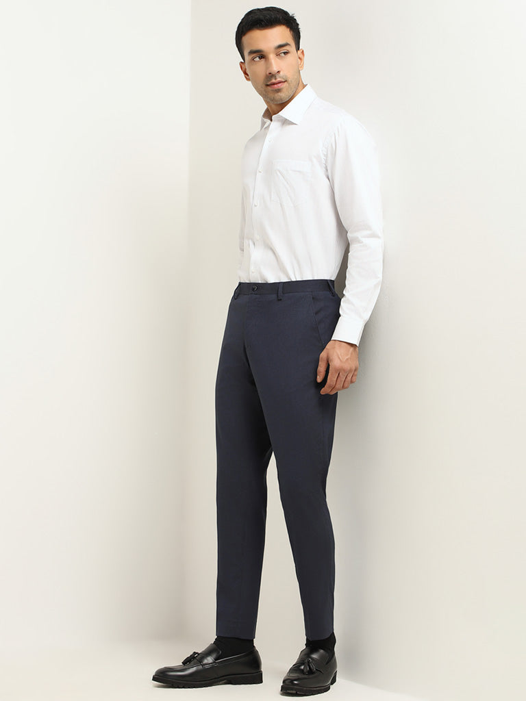 WES Formals Navy Self-Patterned Slim Fit Trousers