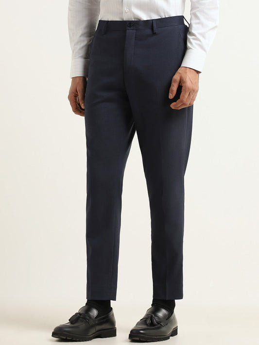 WES Formals Navy Self-Patterned Slim Fit Trousers