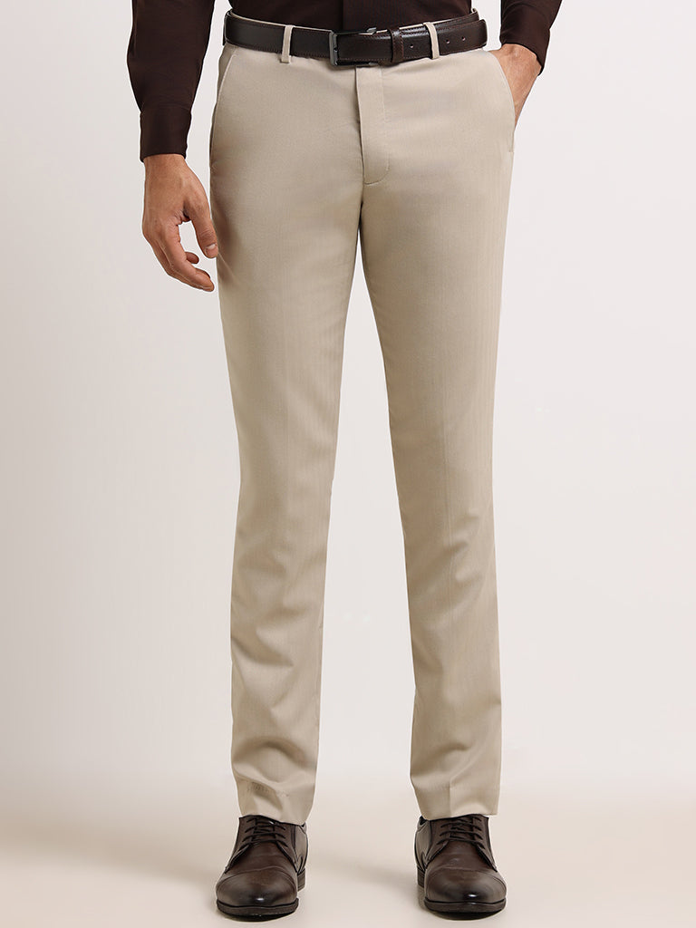 WES Formals Cream Slim-Fit Trousers