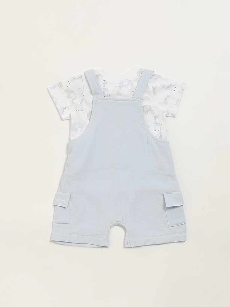 HOP Baby Blue Printed T-Shirt with Dungaree Set