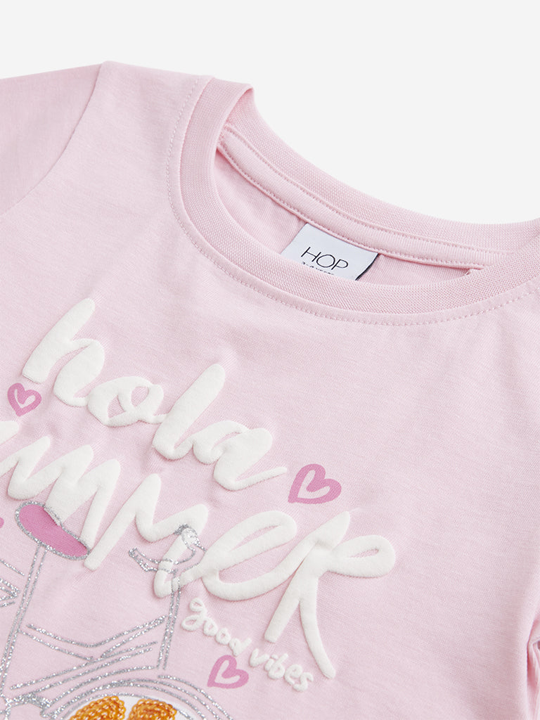 HOP Kids Pink Text Printed T-Shirt