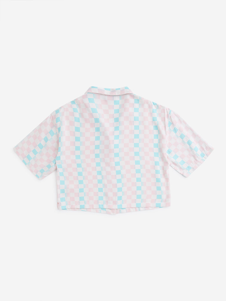 Y&F Kids Blue Checkerboard Design Cropped Shirt