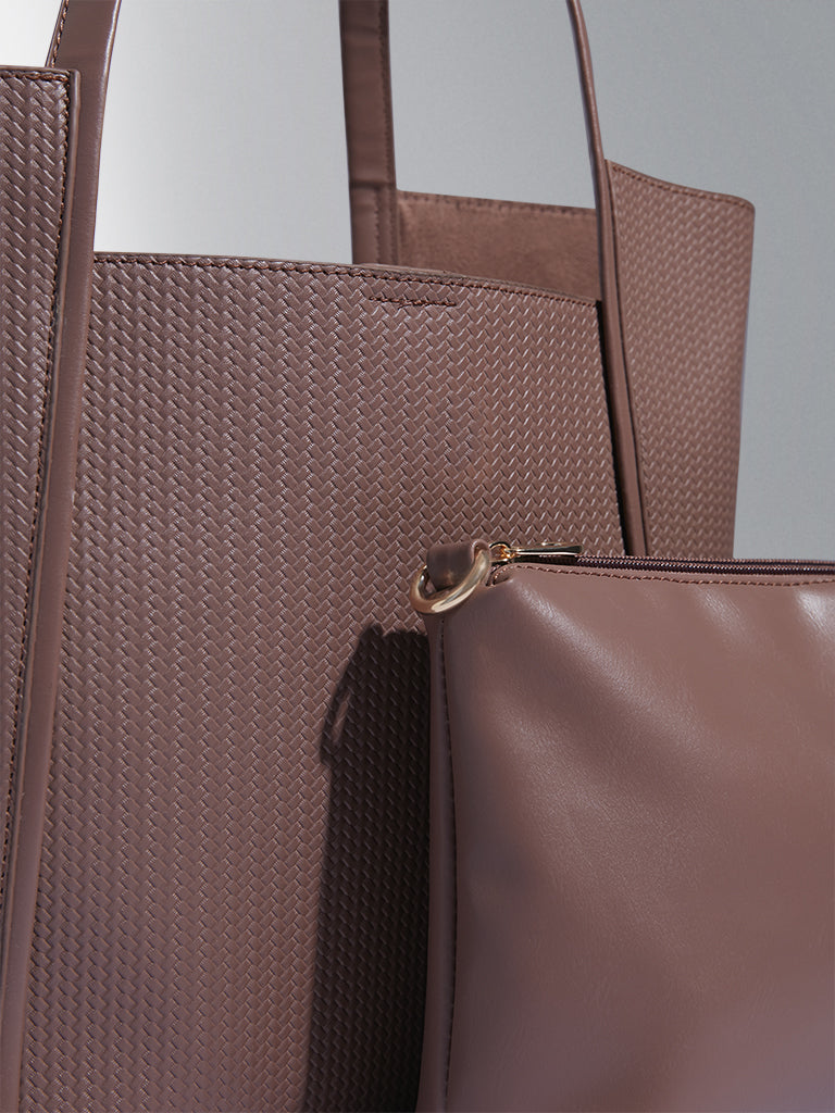 Westside Brown Textured Design Tote Bag with Pouch