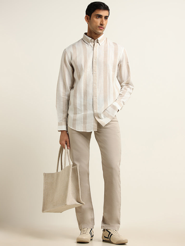 Ascot Beige Striped Cotton Relaxed Fit Shirt