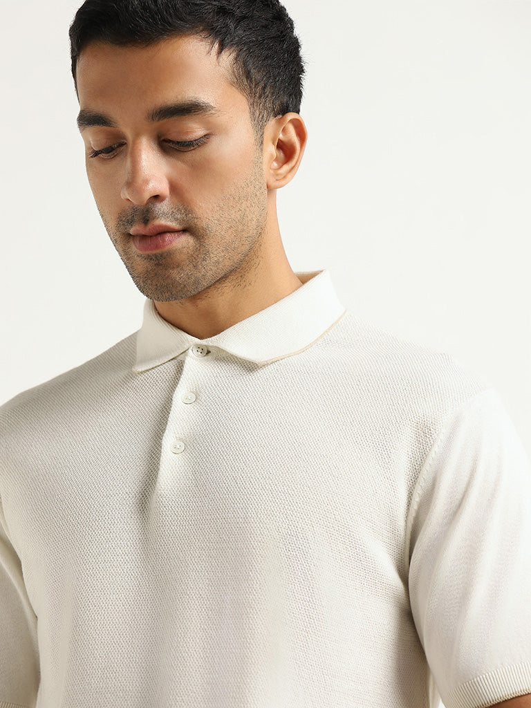 Ascot White Knitted Relaxed Fit Polo T-Shirt