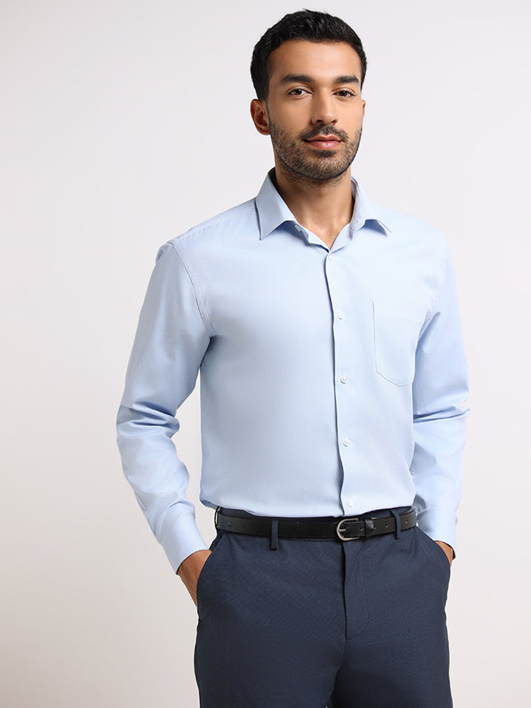 WES Formals Blue Cotton Relaxed Fit Shirt