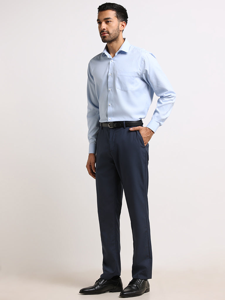 WES Formals Blue Cotton Relaxed Fit Shirt