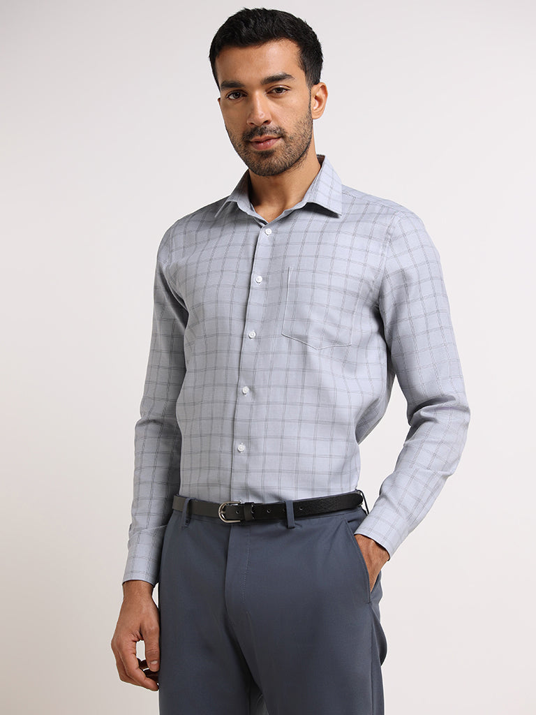 WES Formals Grey Cotton Blend Slim Fit Shirt