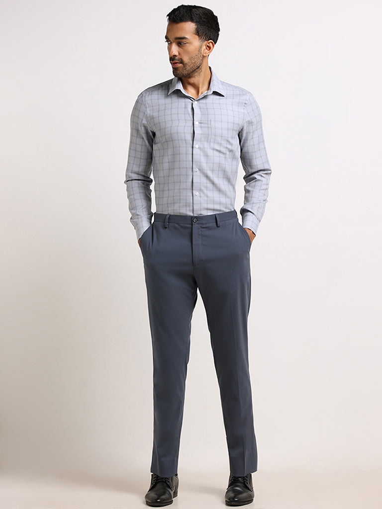 WES Formals Grey Cotton Blend Slim Fit Shirt