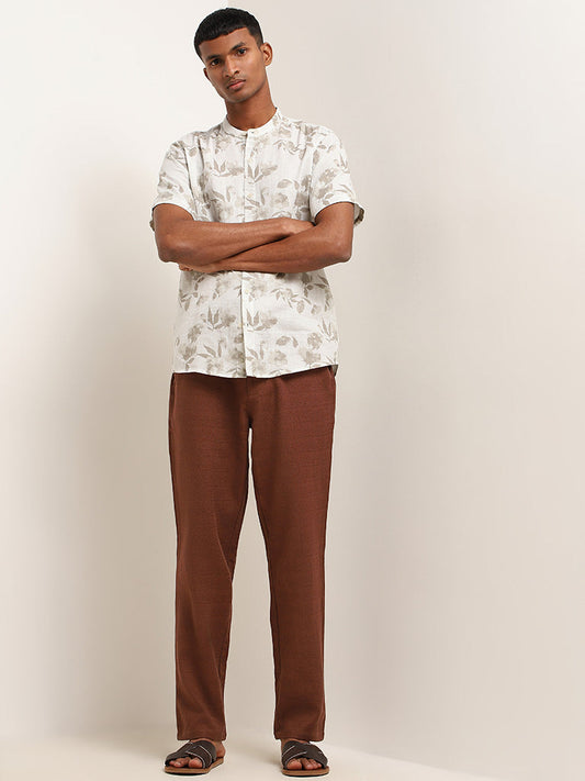 ETA Brown Solid Cotton Blend Mid Rise Relaxed Fit Pants