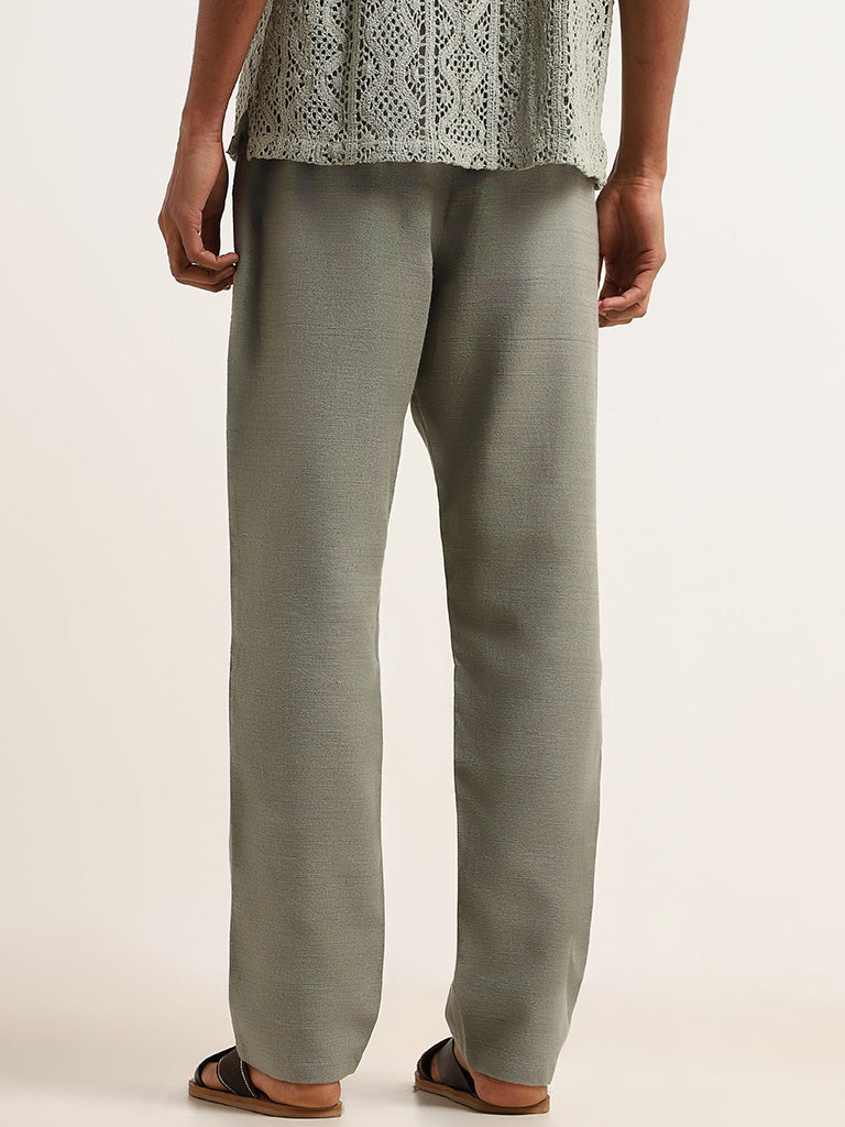 ETA Green Solid Cotton Blend Mid Rise Relaxed Fit Pants