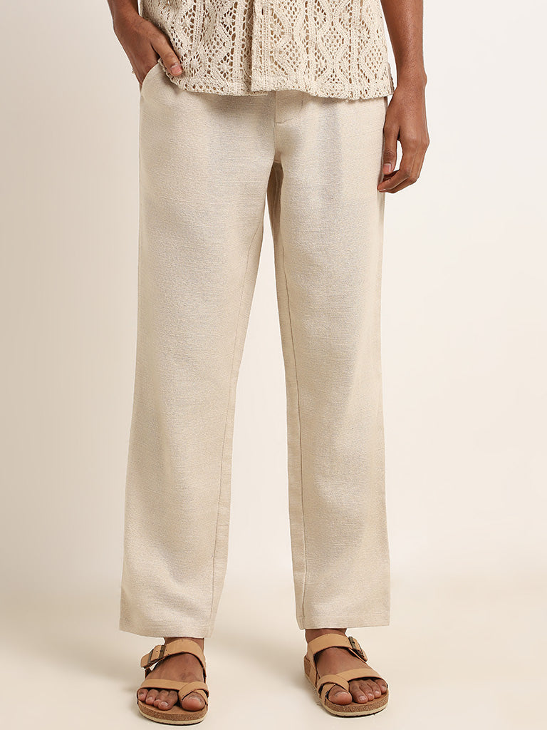 ETA Beige Solid Cotton Blend Mid Rise Relaxed Fit Pants