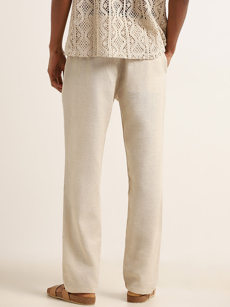 ETA Beige Solid Cotton Blend Mid Rise Relaxed Fit Pants