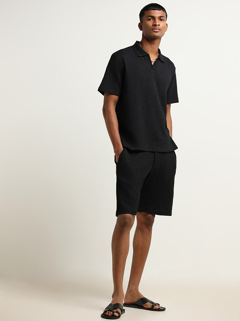 ETA Black Textured Cotton Blend Relaxed Fit Shorts