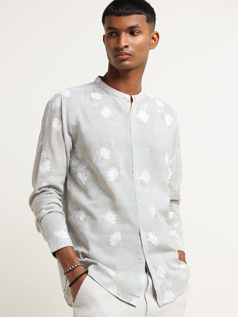 ETA Grey Printed Grandad Cotton Resort Fit Shirt