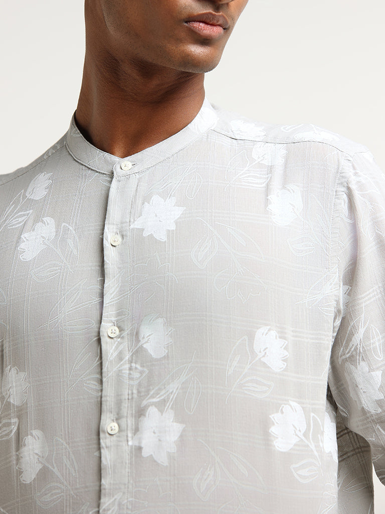 ETA Grey Printed Grandad Cotton Resort Fit Shirt