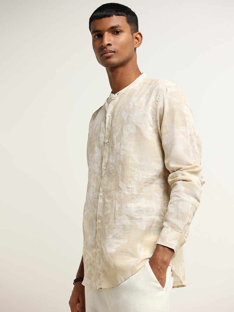 ETA Beige Printed Grandad Cotton Resort Fit Shirt