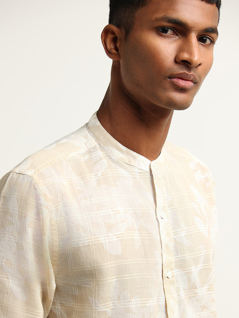 ETA Beige Printed Grandad Cotton Resort Fit Shirt