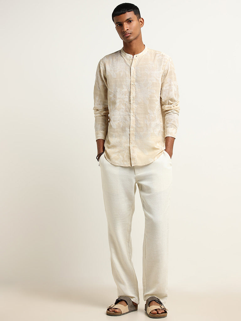 ETA Beige Printed Grandad Cotton Resort Fit Shirt