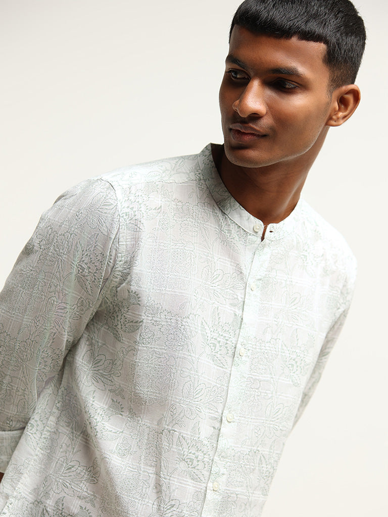 ETA Green Printed Grandad Cotton Resort Fit Shirt