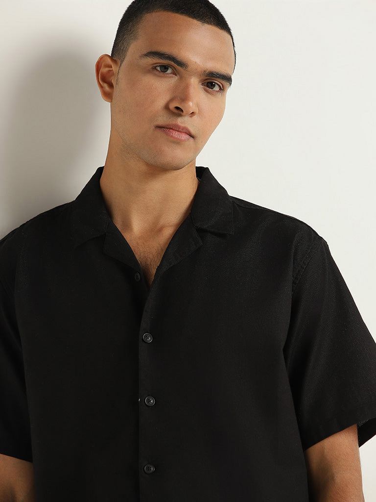 ETA Black Solid Cotton Relaxed Fit Shirt