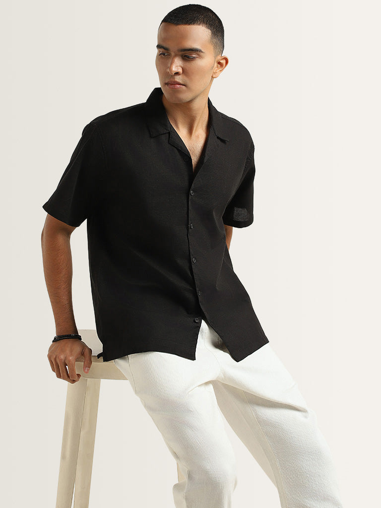 ETA Black Solid Cotton Relaxed Fit Shirt