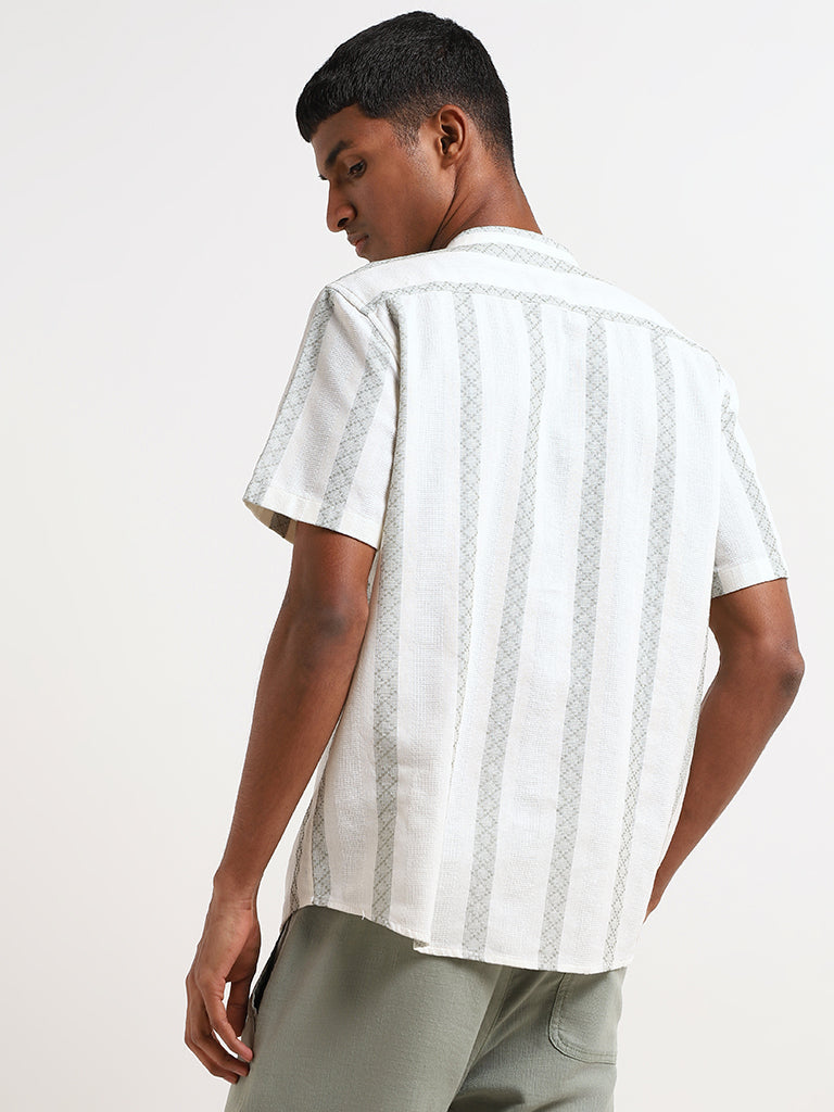 ETA Off-White Textured Grandad Cotton Resort Fit Shirt