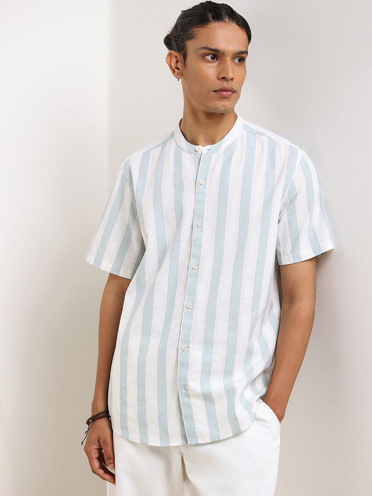 ETA Teal Grandad Striped Cotton Resort Fit Shirt