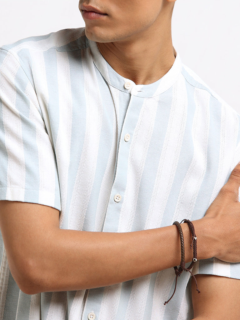 ETA Teal Grandad Striped Cotton Resort Fit Shirt