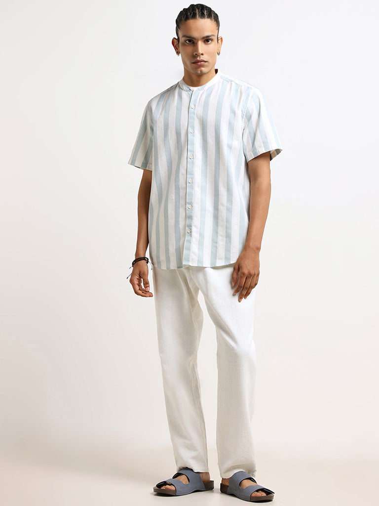 ETA Teal Grandad Striped Cotton Resort Fit Shirt