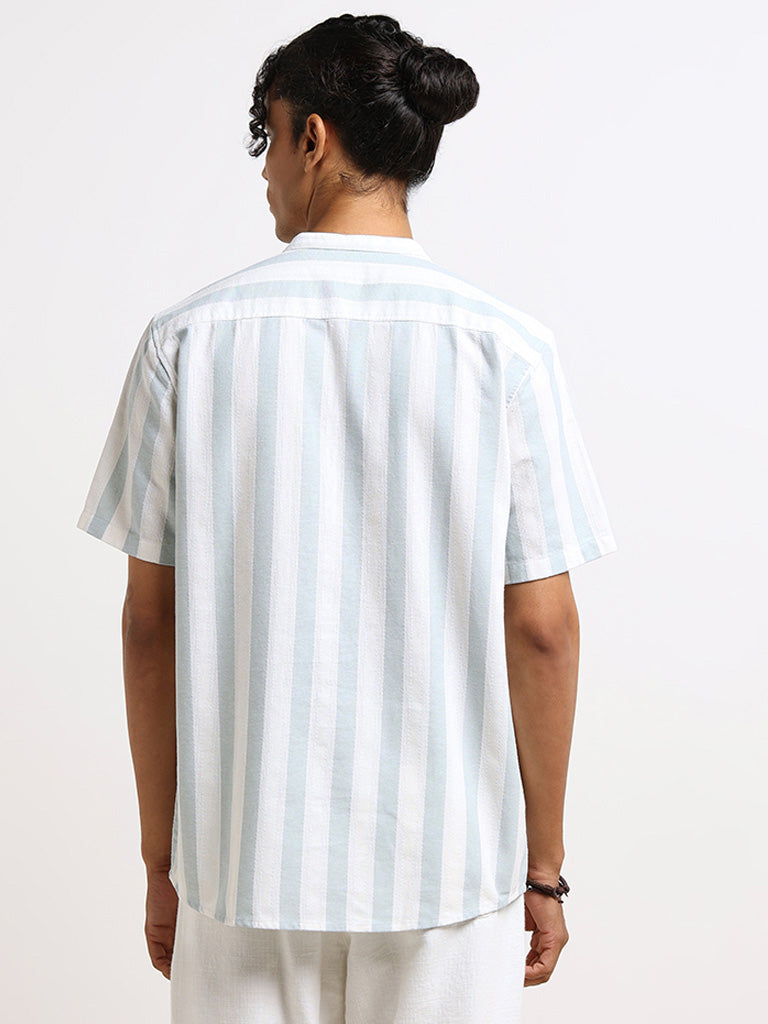 ETA Teal Grandad Striped Cotton Resort Fit Shirt