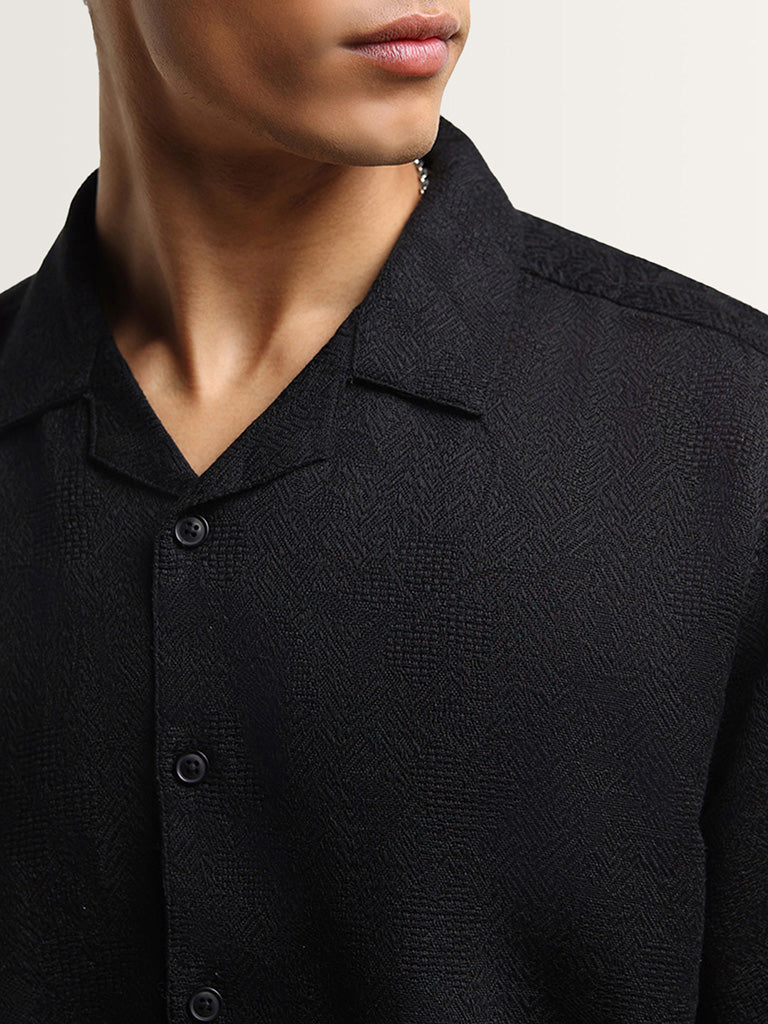 ETA Black Self-Patterned Cotton Relaxed Fit Shirt