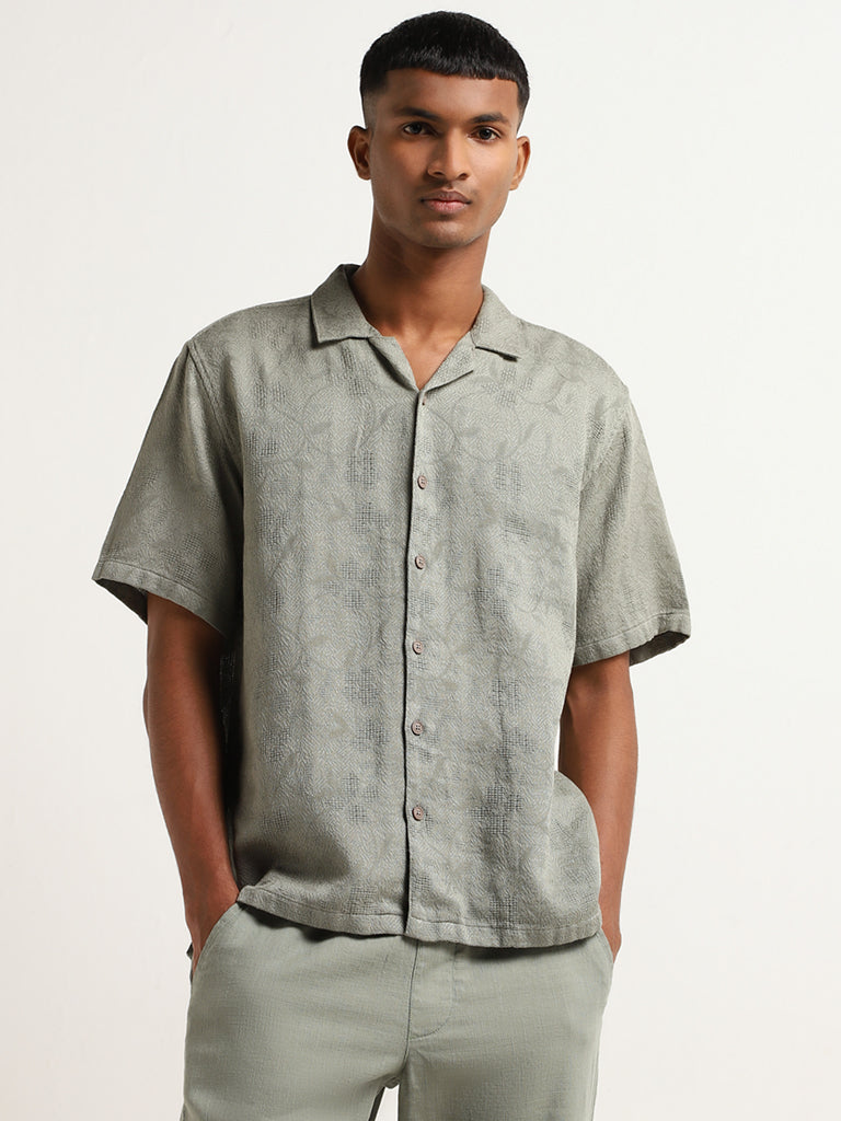 ETA Green Textured Cotton Relaxed Fit Shirt