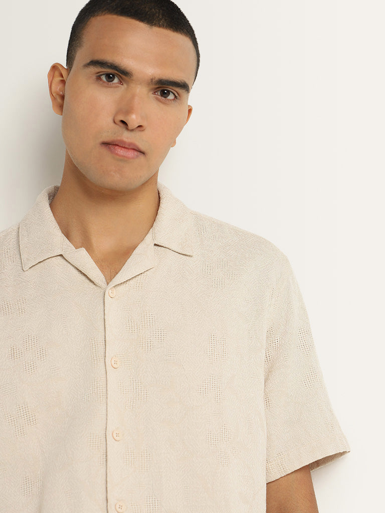 ETA Beige Self-Patterned Cotton Relaxed Fit Shirt