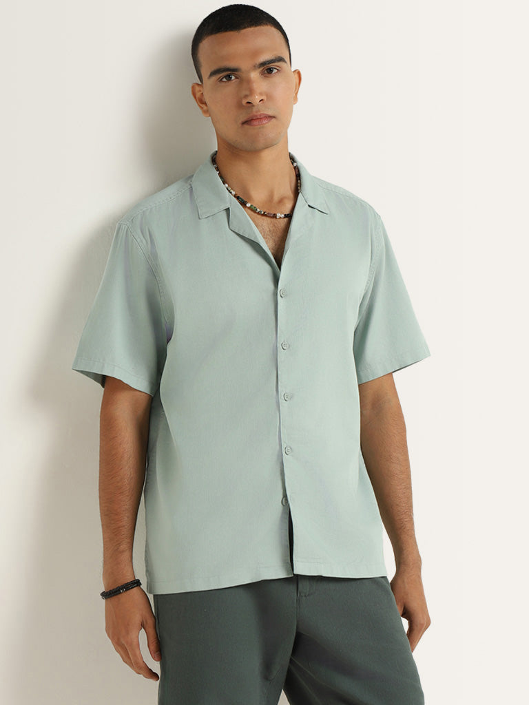 ETA Teal Plain Cotton Relaxed Fit Shirt