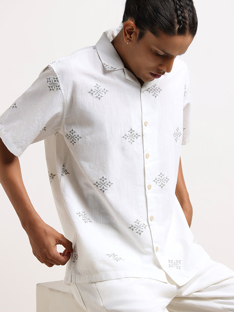 ETA White Embroidered Cotton Relaxed Fit Shirt