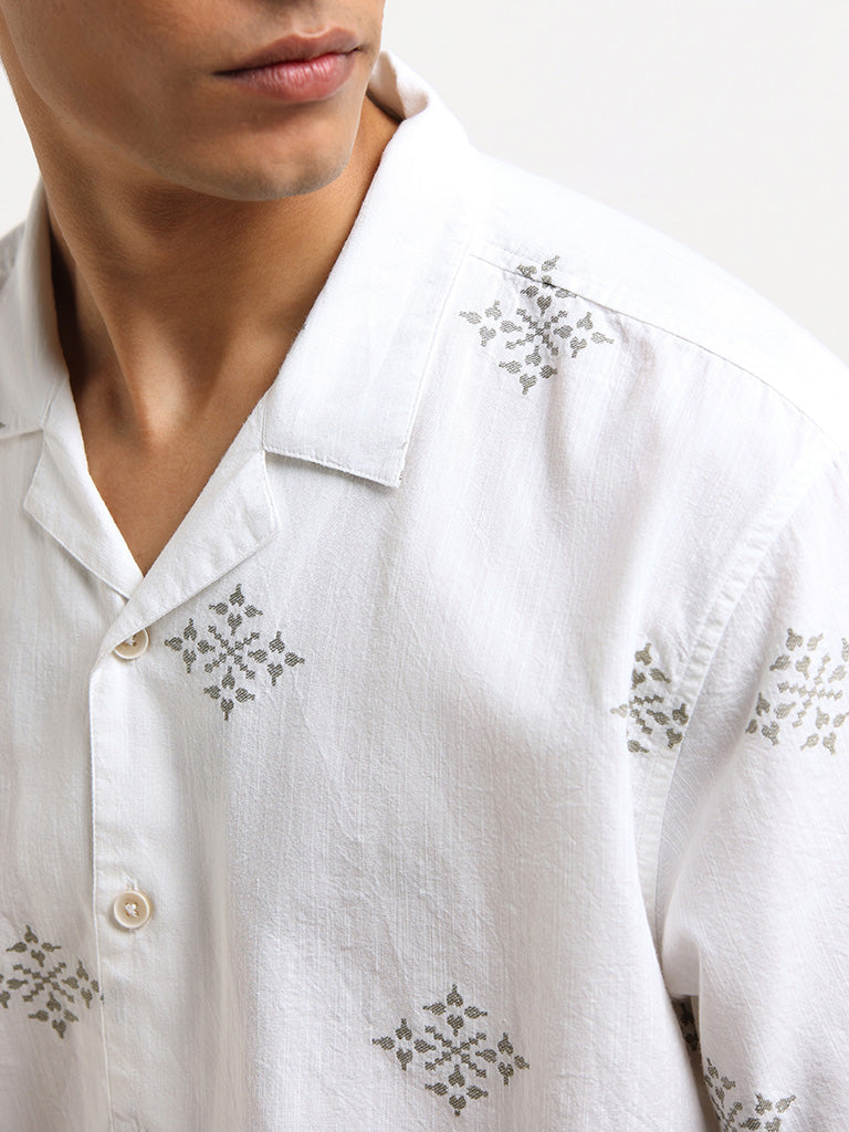 ETA White Embroidered Cotton Relaxed Fit Shirt