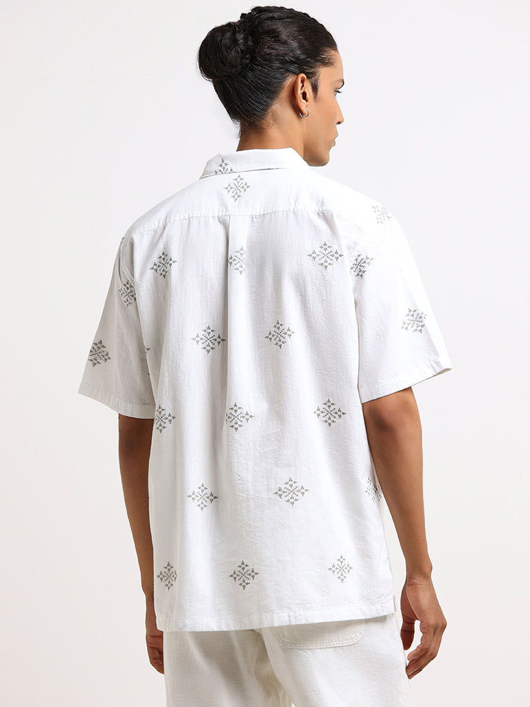 ETA White Embroidered Cotton Relaxed Fit Shirt